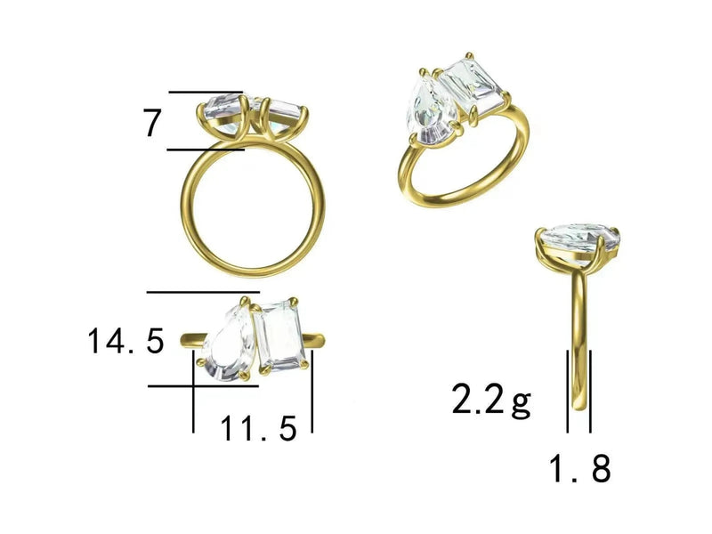 Verlobungsring Toi et Moi Lyon aus Roségold mit zwei Moissanite-Steinen, Pear Cut und Emerald Cut. Massgefertigt. 4.25 ct. Diamanten Alternative